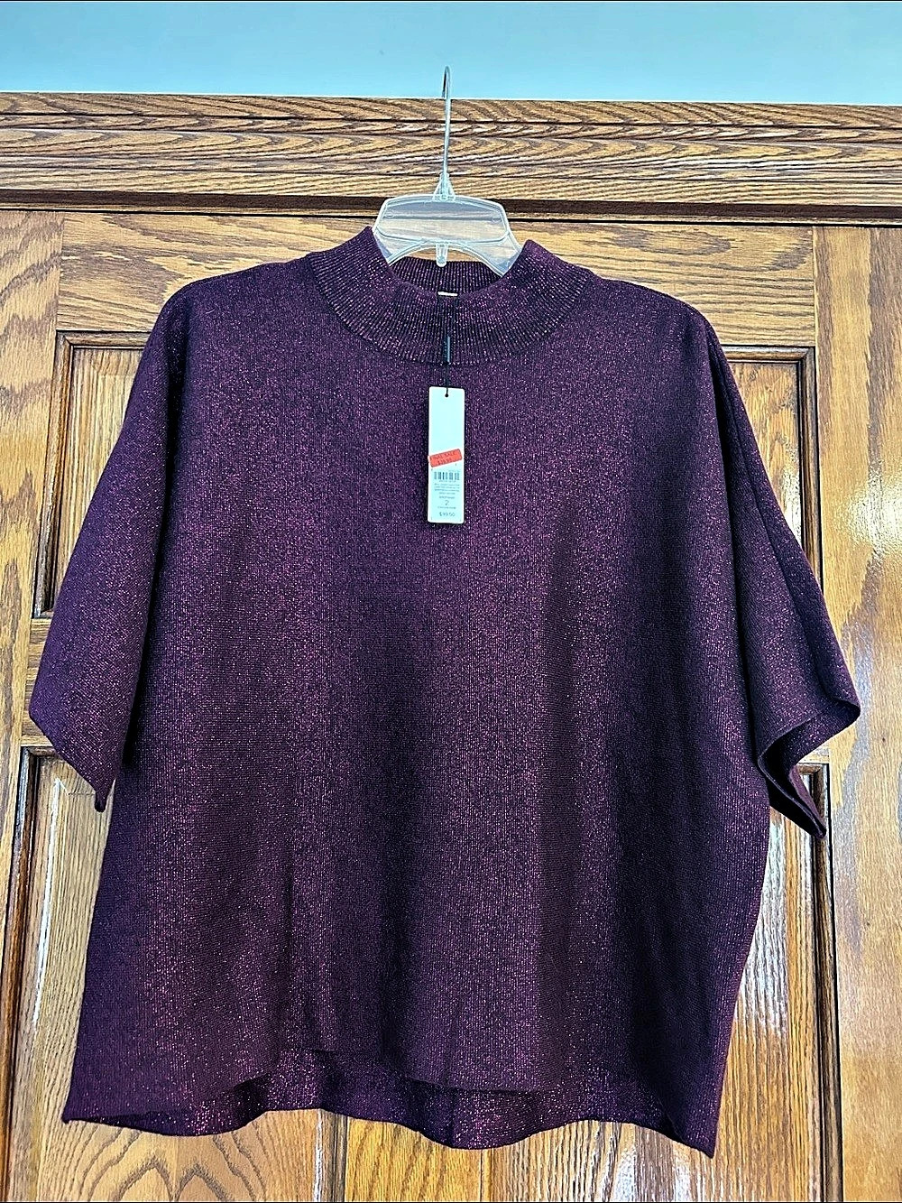 Chico's Pullover Sweater Metallic Pullover Tunic in Deep Raisin Size 2 NWT